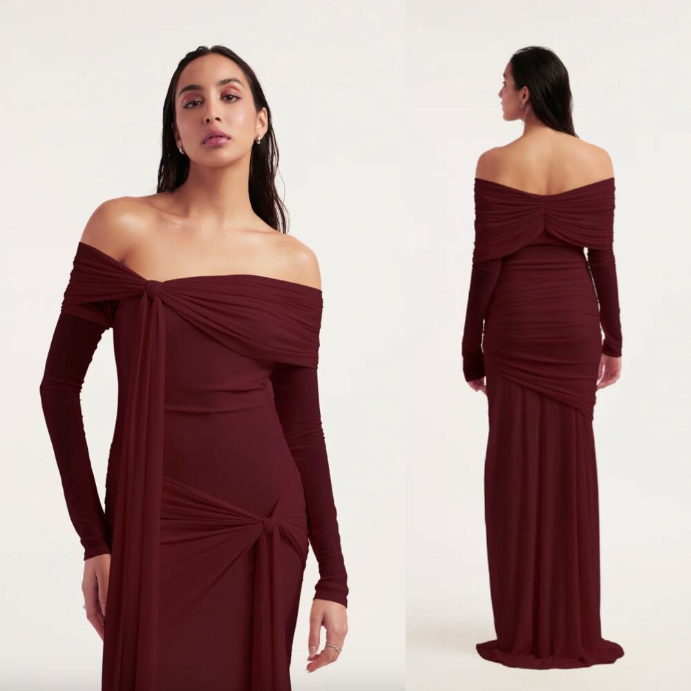 Deme by Gabriella | NWT Heloise Dress in Burgundy Draped Jersey Maxi Gown S